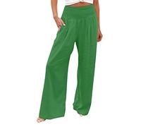 Sales Clearance Linen Trousers for Women UK Solid Summer Pants Elastic High Wasit Palazzo Pants Ladies Wide Leg Long Lounge Pants Loose Casual Trousers The Deal