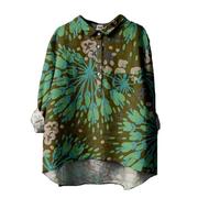 Sales Today Clearance Oversized Tops for Women Linen T Shirt for Women's Flower Printed Loose Fit Tee Tops Lapel Neck Button Blouses Long Best Boxing Day Sales Green
