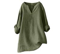 Sales Today Clearance Plus Size Tops for Women Women's Solid Color Stand up Collar Cotton Linen Long Sleeved Shirt Linen Shirt Pay Monthly Items only Green