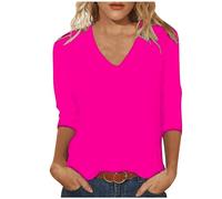 Sales Today Clearance Womens Shirts and Blouses Women's Summer Solid V Neck 3/4 Sleeve Loose Casual Top Going Out Tops for Women UK Sexy Clearance Add on Items Hot Pink