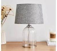 Sales Today Interiror Modern Clear Glass Bedside Table Lamp with Chrome Metal Detailing & Natural Faux Linen Grey Drum Shade (Small (32 x 21cm))