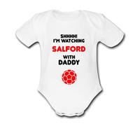 SALFORD Shhh! I'm watching with Daddy Mummy Grandad Unique Football Babygrow Cute Personalised Funny Baby Vest Grow Boys Girls Unisex Gift Babygrow Bodysuit CITY