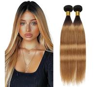 Salharer Real Hair Wefts for Sewing Straight Human Hair Bundles Double Weft Extensions 2 Bundles 100% Brazilian Remy Hair Virgin Ombre Black to Blonde Colour No Splits 8A Grade 20 22 Inches