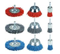 SALI 9 Pack Nylon Filament Abrasive Wire Brush Wheel & Cup Brush Set with 1/4 Inch Hex Shank, 3 Sizes Nylon Drill Brush Set for Removal of Rust Corrosion Paint