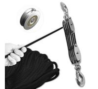 SALIFTFE Block and Tackle Pulley System, Upgraded 4-Wheel Rope Pulley Hoist, 8:1 Lifting Power, 2200LB Work Load with 65Ft of 1/4" Rope, Ultra-Compact Rope Hoist for Garage, Hunting, and Heavy Lifting