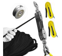 SALIFTFE Block and Tackle Pulley System, Upgraded 4-Wheel Rope Pulley Hoist with 2 Lift Sling Straps, 8:1 Lifting Power, 2200 lbs. WLL with 65Ft of 1/4” Rope, Compact Rope Hoist for Garage and Hunting