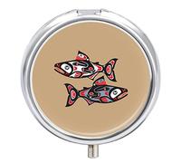 Salmon Fish Native American Style On Brown Iron Pill Box Case Organizer with Internal Separate Plastic Dividers, Travel Small Medicine Bag Holder Carrier Round Container