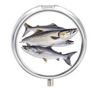Salmon Fish Pill Box 3 Compartment Small Pill Case with Mirror for Purse & Pocket Travel Medicine Organizer Daily Medication Container Portable Pillbox Metal Medicine Box Round Meds Case