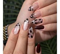 Salon-Quality Press On Nails for Women, Burgundy French Tip Animal Print False Nails, 24 Pcs Glossy On with Nude Base, Easy to Apply (Burgundy Cow Print - Almond)