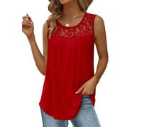 Saloogoe Summer Tank Tops for Women Loose Fit Pleated Tunics Scoop Neck Sleeveless Lace Tops Curved Hem Flowy, Red, XL