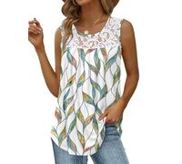 Saloogoe Summer Tank Tops for Women Loose Fit Pleated Tunics Scoop Neck Sleeveless Lace Tops Curved Hem Flowy, Special Leaf Print, XL