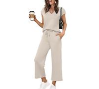 Saloogoe Two Piece Sets for Women Summer Outfits Lounge Sets V Neck Tops Wide Leg Pants Woman Vacation Travel Outfits, Beige, X-Large