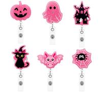 Salovio Halloween Pumpkin Badge Reel - 6P Retractable Pink Glitter Acrylic Halloween Ghost Pumpkin Badge Holders Fall Thanksgiving ID Holder Reels Clip for Nurse Doctor Teacher Student Office Supplies