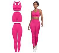 SALSPOR 3 Piece Workout Sets for Women Butt Lifting Leggings with High Impact Sports Bra Gym Shorts, Rose Red, Medium