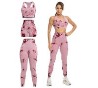 SALSPOR 3 Piece Workout Sets for Women Butt Lifting Leggings with High Impact Sports Bra Gym Shorts, Tie Dye Burgundy, XL