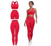 SALSPOR 3 Piece Workout Sets for Women Butt Lifting Leggings with High Impact Sports Bra Gym Shorts, Red, S
