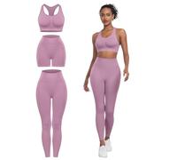 SALSPOR 3 Piece Workout Sets for Women Butt Lifting Leggings with High Impact Sports Bra Gym Shorts, Lilac Pink, Medium