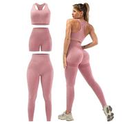 SALSPOR 3 Piece Workout Sets for Women Butt Lifting Leggings with High Impact Sports Bra Gym Shorts, Pink, L
