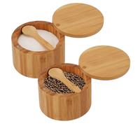 Salt and Pepper Containers, 2Pcs Bamboo Salt and Pepper Bowls with Swivel Lid & Built-in Spoon, Round Storage Box for Storing Sugar Herbs Spice