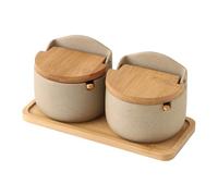 Salt and Pepper Containers - Ceramic Salt Sugar Container | 2x Salt Keeper with Wooden Spoon Lid, Wooden Cover Seasoning Box, Storage Jar