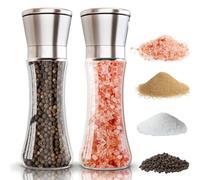 Salt and Pepper Grinder Set, 2 Pack 200ml Manual Mill Grinders, Adjustable Coarseness Glass Body Shaker, Refillable Stainless Steel Salt and Pepper Shakers for Coarse & Fine Grinding