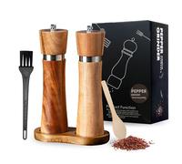 Salt and Pepper Grinder Set with Tray, 20.5cm Acacia Wood Manual Salt and Pepper Mills with Adjustable Ceramic Grinder, Refillable Pepper Mill Set with Spoon and Cleaning Brush, 2 Piece Kitchen Gift S