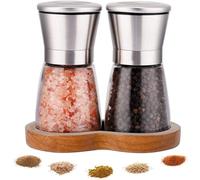 Salt and Pepper Grinder Set with Wooden Standing Tray, Refillable Pepper Mill Set - Brushed Stainless Steel