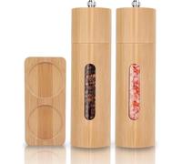 Salt and Pepper Grinder Set, Wooden Pepper Mill with Base, Refillable Spice Mill with Transparent Window, Ceramic Grinder for Spices, Pepper, Salt, Chilli Peppers