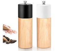 Salt and Pepper Grinder Set | Wooden Salt Grinder Shakers with Adjustable Ceramic Core | Manual Salt and Pepper Mill Refillable for Spice/Sea Salt/Chili/Peppercorn | Pack of 2 (White + Black)