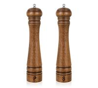 Salt and Pepper Grinders Set, Haomacro 10Inch Updated Manual Wooden Pepper Shaker Set,Oak Wood Salt Mill Pepper Grinder Set Refillable with Adjustable Ceramic Rotor 2Pack