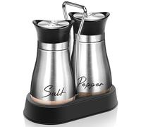 Salt and Pepper Shakers Set with Holder,4 oz Stainless Steel Salt Shaker with Glass Bottom Kitchen Gadgets for Counter Modern Decor Table,RV,Camp,BBQ Refillable Design (Silver)