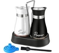 Salt and Pepper Shakers Set with Holder, Stainless Steel Salt Pepper Shaker Containers with Glass Bottom, Cleaning Brush & Funnel, Perfect for Kitchen Spice Storage, Restaurant, RV, Camp, BBQ Refillab