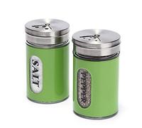 Salt and Pepper Shakers Stainless Steel and Glass Set with Adjustable Pour Holes (Green)