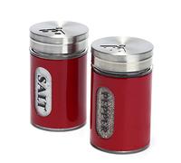 Salt and Pepper Shakers Stainless Steel and Glass Set with Adjustable Pour Holes (Red)