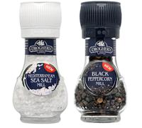 Salt & Black Pepper Mill Set 90g Each - 2 Pack | La Drogheria | 1880 Adjustable Grinder Mills | Natural Sea Salt & Whole Black Peppercorns | Freshly Ground Seasoning for Cooking & Dining