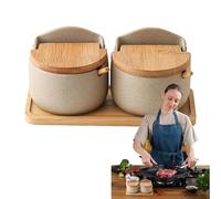 Salt Bowl with Lid - Storage Jar for Kitchen Spices | Ceramic Salt Container with Wooden Spoon Lid, Salt Container, Counter, Spice Box, Salt and Sugar Bowl Set for Salt and Pepper in the Restaurant