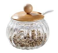 Salt Cellar, 8 Oz / 250 ML Clear Glass Container with Bamboo Lid and Spoon, Cute Pumpkin Condiment Jar, Storage Canister with Scoop, Kitchen Countertop Seasoning Bowl for Sugar, Spice, Pepper