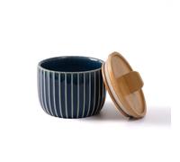 Salt Cellar Keeper with Bamboo Lid, 14oz Big Capacity Ceramic Sugar Bowls Pepper Box, Crackle Glaze Seasoning Container Condiment Pot for Kitchen (Blue Color)