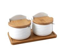 Salt Container - 2pcs, Ceramic Seasoning Jar With Wooden Lid Spoon, Kitchen Condiment Storage Box, Countertop Salt Sugar Holder, Restaurant Household Organization Set