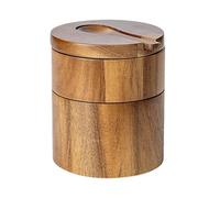 Salt Container - Seasoning Container with Magnetic Swivel Lid - 2-Layers Wooden Cellar Bowl with Spoon for Storage Pepper Coffee Sugar Pickling Kitchen Countertop Dining Table