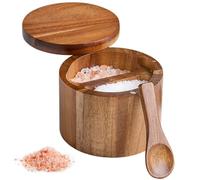 Salt Container, Wooden Salt Cellar with Magnetic Swivel Lid, Smooth Spice Box with Spoon 2 Compartment for Kitchen Countertop/3.5x2.8