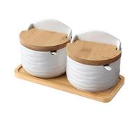 Salt Containers for Countertop - 2X Ceramic Seasoning Jars with Wooden Lid and Spoon, Kitchen Holder Set Spices Sugar | Rustic Style Storage Pots Table or Cooking Use, Restaurant Preparation, Ho