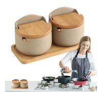 Salt Dish With Lid - 2x Ceramic Salt Keeper With Wooden Spoon Lid - Salt Holder for Counter, Seasoning Box, Restaurant Household Salt and Sugar Jar Set for Salt Pepper