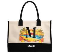 Salt Earth 100% Cotton Personalized Everyday Canvas Initial Tote Bag for Women, Monogrammed Large Utility Bag for Beach, Maui, Landmarks, M
