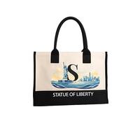 Salt Earth 100% Cotton Personalized Everyday Canvas Initial Tote Bag for Women, Monogrammed Large Utility Bag for Beach, Statue of Liberty, Landmarks, S