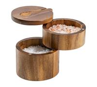 Salt Holder | Sea Salt Jar with Magnetic Swivel Lid,2-Layers Wooden Cellar Bowl with Spoon for Storage Pepper Coffee Sugar Pickling Kitchen Countertop Dining Table