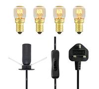 Salt Lamp Replacement Light Fitting with Button + 4 Units of 15 Watt E14 Incandescent Oven Bulb. Black Power Cord Cable Comes with Certified E14 Bulb Holder, Button and British Standard Plug