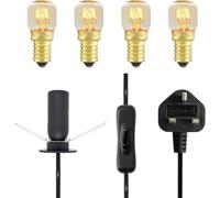 Salt Lamp Replacement Light Fitting with Button Switch + 4 Units of 15 Watt E14 Incandescent Oven Bulb. Black Power Cord Cable Comes with Certified E14 Bulb Holder, Button & British Standard Plug