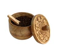 Salt Pinch Bowls, Vintage Salt Box Cellar with Wooden lid | Wood Salt Keeper, Spice Bowls for Cooking | Salt Pepper Tea Sugar Coffee Storage Container for Kitchen with Tiny Spoon- Natural Mango Wood