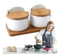 Salt Shaker Lid, Salt Shell with Lid | 2 x Ceramic Container with Wooden Spoon and Lid | Spice Box, Kitchen SUPPROP for the Counter at Home, Camps